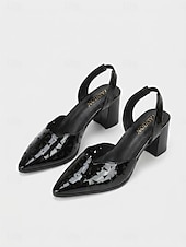 cheap Slingback Pumps-Women's Comfortable Beige Patent Leather Slingback Pumps - Pointed Toe Mid Block Heel Cutout Shoes for Office Work &amp; Business Career