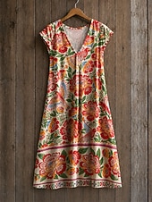 cheap Floral Dress-Women's Midi Dress Shift Dress T Shirt Dress Tee Dress Summer Dress Elegant Bohemia Vacation Beach Party Holiday Regular Fit Star Tropical Short Sleeve V Neck White Maroon Yellow Red Summer Spring