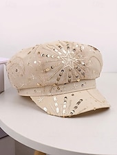 voordelige Dameshoeden-Zomerse pet met pailletten en sterrenmotief voor dames, gemaakt van ademend mesh. &amp;linnenmix, resort &amp;Platte reishoed, champagne goudbeige/wit/zwart, elegante dameshoed