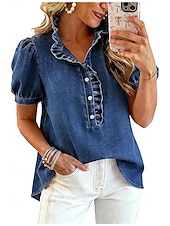  Damen Bluse Einfarbig Stilvoll Basic Lässig Kurzarm Stehkragen Lange Oberteile Lässig Täglich Blau Schwarz Dunkelblau Grau Sommer Frühling