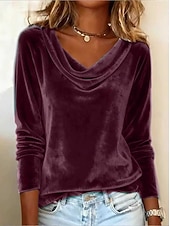 voordelige Effen t-shirt-Damesblouse van fluweel met colkraag en lange mouwen, elegante raglanmouwen, zachte velours, casual, chique tuniek.