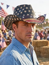  Patriotischer Western-Cowboyhut für Herren, Strohhut aus Polyester mit USA-Flagge und verstellbarem Kinnband, weiß-khakifarbener Sommerhut für Rodeo-Feiern am 4. Juli, dem amerikanischen