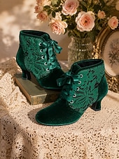  Grüne viktorianische Samt-Ankle-Boots für Damen, Schnürstiefel mit floraler Spitze und Kitten-Heel im Vintage-Stil für Partys, Cosplay und als Hochzeitsgast-Outfit