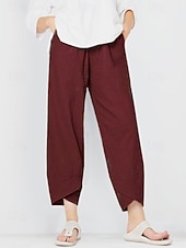 baratos Partes inferiores-Calça capri feminina 100% algodão, ideal para o verão, casual, para uso diário, comprimento até o tornozelo, lisa, com bolsos laterais, respirável, confortável e sem elasticidade. Disponível nas cores preto, vinho, verde e cáqui. Primavera e verão.