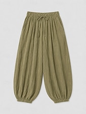 baratos Coleção de Linho Premium-Calça lanterna feminina de linho orgânico com cintura elástica e bolsos.