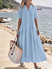 baratos Vestidos Estilo Casual-Mulheres Vestido Longo Vestido casual Vestido de linho de algodão Elegante Férias à moda Ajuste Largo Tecido Manga Curta Decote V Azul Amarelo Claro Verde Sage Verão Primavera