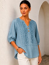 economico Top in Pizzo-Per donna Camicia Top con cuciture in pizzo Ricamato Floreale Elegante Bohemien Etnico Manica 3/4 Scollo a V Top lunghi Casuale Quotidiano Uscire Blu Arancione Verde Primavera Autunno