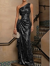abordables Vestidos de Noche en A-A-Line Mermaid Trumpet Floor Length Evening Gown Formal Dress Elegant Vintage Sparkle Sleeveless One Shoulder Wedding Formal Sequined with 3D Flowers Crystals Ruffles