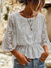  Women's Shirt Lace Shirt Blouse Lace Embroidered Solid Color Floral Graphic Elegant Stylish Casual Half Sleeve Batwing Sleeve Crew Neck Regular Tops Casual Daily Holiday Blue Khaki White Pink Grey
