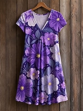 cheap Floral Dress-Easter Women's Knee Length Dress Shift Dress T Shirt Dress Tee Dress Summer Dress Elegant Bohemia Vacation Beach Party Holiday Regular Fit Floral Star Tropical Short Sleeve V Neck Blue White Red