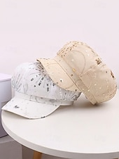 voordelige Dameshoeden-Zomerse pet met pailletten en sterrenmotief voor dames, gemaakt van ademend mesh. &amp;linnenmix, resort &amp;Platte reishoed, champagne goudbeige/wit/zwart, elegante dameshoed