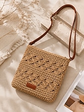 voordelige Crossbody-tassen-Dames schoudertas van stro, boho geweven zomertas voor op het strand met verstelbare riem, lichtgewicht vakantietas