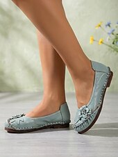 voordelige Platte damesschoenen-Dames ballerina's van premium rundleer in een brede pasvorm - handgemaakte comfortabele schoenen met 3D-bloemenapplicatie en gestikte afwerking, vintage instapschoenen voor casual gebruik, reizen en