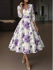 cheap Cocktail Dresses-A-Line Ankle Length Tea Length Formal Dresses Cocktail Dresses Elegant 3/4 Length Sleeve V Neck Wedding Formal Organza Jacquard with Floral Print