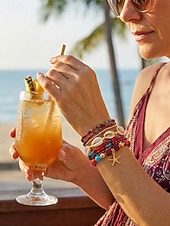 baratos Pulseira Feminina-Conjunto de pulseiras femininas boho em camadas com 8 peças, pingente de estrela-do-mar e concha, em liga dourada, multifilamento, perfeitas para usar na praia, férias de verão e viagens.