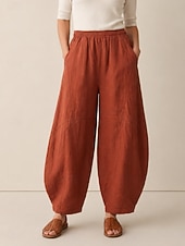 abordables Colección de Lino Premium-Pantalones bombachos de lino para mujer, cintura media, largo completo, bolsillo, cintura elástica, vacaciones, azul arroz