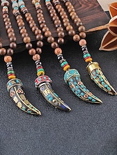 abordables Joyas para hombres-Collar con colgante de cuerno en forma de media luna de estilo bohemio para hombre, cadena larga de cuentas de madera, aleación étnica tribal. &amp;Collar llamativo de cuentas de madera, joyería vintage