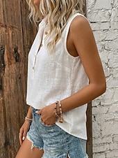  Damen Weste aus Baumwollleinen Textur Knöpfe Vintage Ärmellos Revers Normale Oberteile Weiß Gelb Grün Sommer Frühling