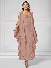  Sheath Column Ankle Length Party Dress Cocktail Dress Wedding Guest Dress Mother of the Bride Dress Half Sleeve Boat Neck Elegant Luxurious Sparkle & Shine Wedding Guest Chiffon with Beading Tier
