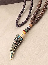 abordables Joyas para hombres-Collar con colgante de cuerno en forma de media luna de estilo bohemio para hombre, cadena larga de cuentas de madera, aleación étnica tribal. &amp;Collar llamativo de cuentas de madera, joyería vintage