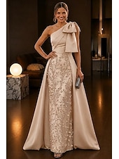 economico Abiti da Sera a Linea A-Linea ad A Lunghezza al pavimento Abito da Sera Abito formale Elegante Brillanti Floreale Senza Maniche Monospalla Festa in giardino Matrimonio Raso Tulle con Fiocco/Fiocchi Perline ricamate