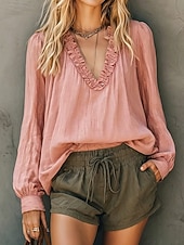  Blusa de mujer con volantes, cuello en V y mangas abullonadas, ligera, estilo bohemio, informal y elegante para verano.