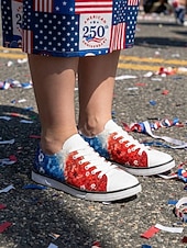  Damskie patriotyczne płócienne trampki z kwiatowym wzorem – czerwono-biało-niebieskie, sznurowane, codzienne buty na Dzień Niepodległości, Dzień Pamięci, obchody Czwartego Lipca i do noszenia na co