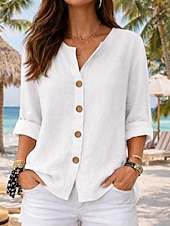 economico Camicie-Per donna Camicie di cotone e lino Blusa Bottoni Tinta unica Quotidiano Casual Manica 3/4 Scollo a V Top lunghi Quotidiano Spiaggia Nero Bianco Rosso Arancione Verde Estate Primavera Autunno