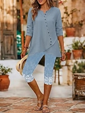  bluză de damă aspect denim culoare uni elegantă vintage la modă mânecă lungă decolteu în V topuri obișnuite casual albastru albastru celest vară toamnă