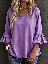  Damen Hemd Bluse Einfarbig Elegant Lässig Dreiviertelarm Glockenärmel Rundhalsausschnitt Normale Oberteile Lässig Weiß Gelb Himmelblau Violett Dunkelgray Sommer Frühling