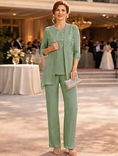 abordables Costumes-pantalons pour maman-Ensemble pantalon robe mère de la mariée longueur de cheville manches ¾ col ras du cou élégante vintage formelle invité au mariage avec couleur unie