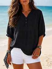  Per donna Camicia Tessuto Ricamato Bottoni Vintage Manica 3/4 Bianco Nero Verde Caffè Estate Primavera