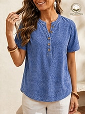  Maglietta Henley da donna Softfade™ in 100% cotone stile vintage - top basic a maniche corte con lavaggio morbido