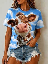  Per donna Maglietta Blocco di colore Stampato Grafico Animale Giraffa Vintage Elegante Classico Manica Corta Girocollo Top lunghi Casuale Quotidiano Blu Bianco Nero Viola Estate Primavera