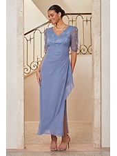  Women's Sheath Column Cocktail Dress Wedding Guest Dress Ankle Length V Neck Half Sleeve Illusion Sleeve Empire Waist Elegant Mother Of The Bride Semi Formal with Chiffon 3D Floral Mesh Lace Slit