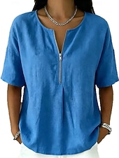  Mulheres Camisa Social Blusa Zíper Côr Sólida Elegante Férias Moda Manga Curta Colarinho de Camisa Tops regulares Casual Azul cor laranja Preto Rosa Vermelho Verão Primavera