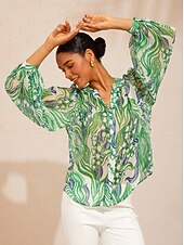 お買い得  シャツ、トップス、ブラウス-抽象的なベルフラワーをモチーフにした、流れるようなシフォントップ