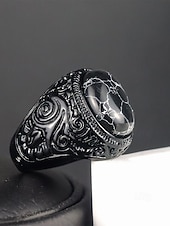 economico Gioielli da uomo-Anello da uomo vintage con pietra occhio di tigre, fascia in lega nera incisa, anello di tendenza in stile etnico bohémien, gioiello maschile per i viaggi estivi, casual &amp;abbigliamento da festival