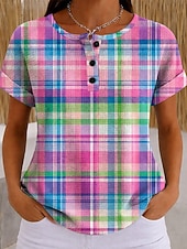  Mujer Camiseta Bloque de Color Estampado Graphic Geométrico Plaid Vintage Elegante Clásico Manga Corta Cuello Barco Tops largos Casual Diario Azul Piscina Rosa Naranja Verde Trébol Verano Primavera