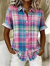 abordables Blusas a rayas y geométricas-Mujer Camisa Botones Estampado Graphic Plaid A Rayas Vintage Diario Elegante Manga Corta Cuello Camisero Tops largos Casual Diario Azul Piscina Blanco Rosa Morado Naranja Verano Primavera