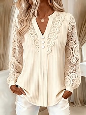 cheap Plain Blouses-Women's Shirt Eyelet Top Boho Shirt Lace Shirt Lace Solid Color Plain Elegant Bohemia Active Long Sleeve Long Tops Casual Blue Black Brown Green Beige Summer Spring Fall