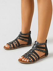 baratos Sandálias Gladiador-Sandálias gladiadoras pretas femininas – sandálias rasteiras confortáveis com tiras elásticas, fecho de zíper na parte de trás, palmilha acolchoada e sola antiderrapante, ideais para viagens, férias e