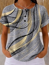 abordables T-shirt Art &amp; Design-T-shirt en gaufre pour femmes impression graphique géométrique vintage élégant classique à manches courtes col rond hauts réguliers quotidiens noir et blanc noir blanc jaune rouge été printemps