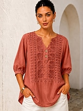 economico Top in Pizzo-Per donna Camicia Top con cuciture in pizzo Ricamato Floreale Elegante Bohemien Etnico Manica 3/4 Scollo a V Top lunghi Casuale Quotidiano Uscire Blu Arancione Verde Primavera Autunno