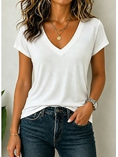 abordables Plain tee-Women's Oversized T Shirt Tee Top Solid Color Elegant Stylish Short Sleeve V Neck Regular Tops Casual Daily Black White Pink Purple Apricot Summer Spring