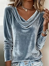 voordelige Effen t-shirt-Damesblouse van fluweel met colkraag en lange mouwen, elegante raglanmouwen, zachte velours, casual, chique tuniek.