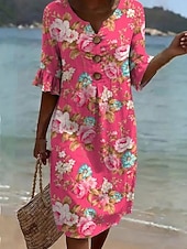  Mulheres Vestido midi Vestidos Para o Verão Vestido A Line Vestido de verão Férias Casual Diário Praia Feriado Normal Gráfico Abstrato Meia Manga Decote V Amarelo Rosa Roxo Verde Verão Primavera