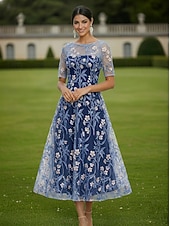 abordables Longueur de cheville-Ligne A Robe Longueur cheville Longueur thé Robe en Dentelle Robe de Cocktail Robe de Mère de Mariée  Manche Courte Demi Manches Col Bateau Élégant ancien Luxueux robe demoiselle d honneur Semi-Formel
