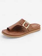 cheap Comfort Sandals-Women's Brown Buckle Comfort Slide Sandals – Cushioned Footbed Slippers, Open Toe Casual Summer Walking Sandals with Arch Support for All-Day Comfort, Travel, Vacation and Daily Wear