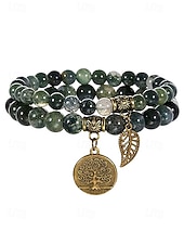 economico Bracciale da donna-Set di braccialetti da donna bohémien a strati con perline di pietra naturale, albero della vita e ciondoli a forma di foglia, gioielli da polso impilabili multicolore in 2 pezzi per l'uso quotidiano,